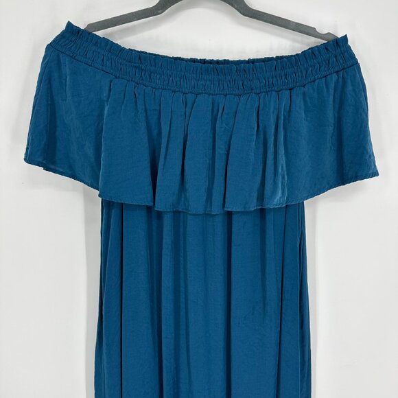 3/$25 LOFT Beach Maxi Dress S Off Shoulder Tiered Silky Flowy Ruffle Teal Long - Picture 6 of 8